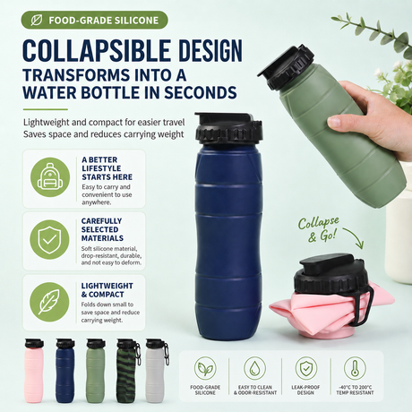 Camouflage green Collapsible Silicone Water Bottle - 650ml Foldable Travel Bottle with Straw Lid, Food Grade Silicone Hiking Flask, Leak Resistant Portable Water Bottle for Outdoor Sports Fitness Cycling