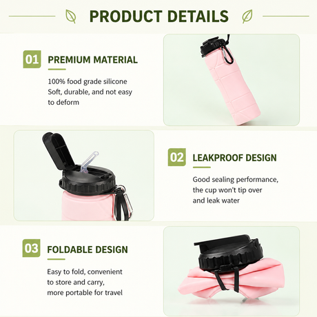 Camouflage green Collapsible Silicone Water Bottle - 650ml Foldable Travel Bottle with Straw Lid, Food Grade Silicone Hiking Flask, Leak Resistant Portable Water Bottle for Outdoor Sports Fitness Cycling