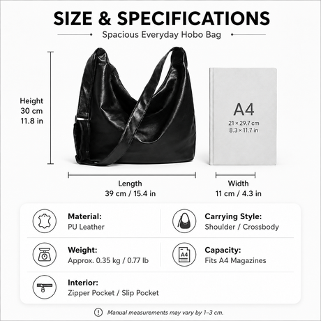 Black PU Leather Shoulder Bag with Cute Charm Keychain - Large Capacity Hobo Handbag with Adjustable Strap, Soft Slouch Tote Purse for Women Daily Commute Shopping Travel and Casual Outings