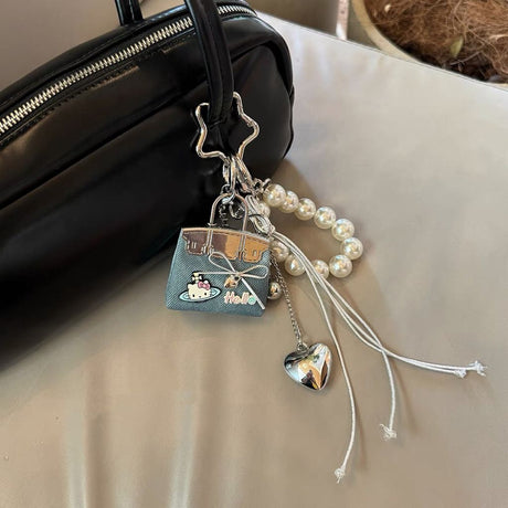 Blue Mini PU Leather Bag Charm Keychain with Pearl Bow Pendant Cute Handbag Accessories for Women Girls, Fashion Decorative Key Ring Hanging Ornament Gift