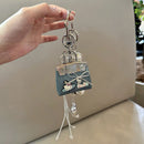 Blue Mini PU Leather Bag Charm Keychain with Pearl Bow Pendant Cute Handbag Accessories for Women Girls, Fashion Decorative Key Ring Hanging Ornament Gift