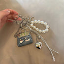 Blue Mini PU Leather Bag Charm Keychain with Pearl Bow Pendant Cute Handbag Accessories for Women Girls, Fashion Decorative Key Ring Hanging Ornament Gift