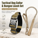 Khaki Tactical Dog Collar and Bungee Lead Set (XL size) - Padded Quick Release Collar with Control Handle and Shock Absorbing Leash for Medium and Large Dogs