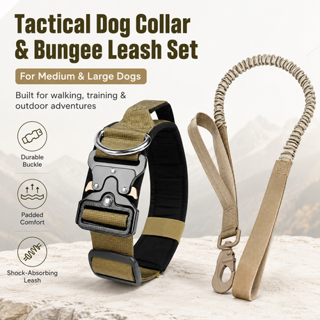 Khaki Tactical Dog Collar and Bungee Lead Set (XL size) - Padded Quick Release Collar with Control Handle and Shock Absorbing Leash for Medium and Large Dogs