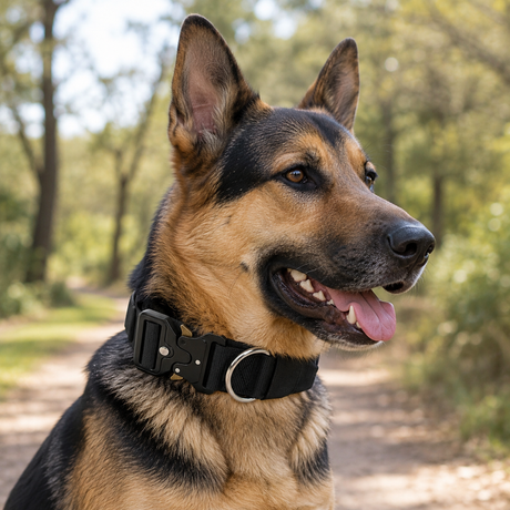 Black Tactical Dog Collar for Large Dogs (M size)- Wide Padded Nylon Collar with Quick Release Metal Buckle, Control Handle and D-Ring for Walking and Training