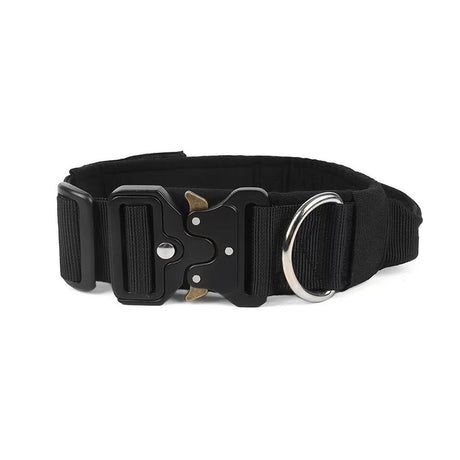 Black Tactical Dog Collar for Large Dogs (L size)- Wide Padded Nylon Collar with Quick Release Metal Buckle, Control Handle and D-Ring for Walking and Training