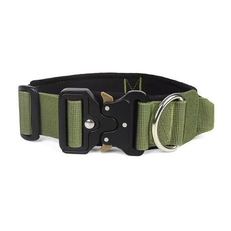 Green Tactical Dog Collar for Large Dogs (M size)- Wide Padded Nylon Collar with Quick Release Metal Buckle, Control Handle and D-Ring for Walking and Training