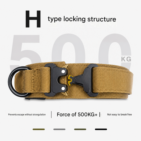 Khaki Tactical Dog Collar for Large Dogs (XL size)- Wide Padded Nylon Collar with Quick Release Metal Buckle, Control Handle and D-Ring for Walking and Training