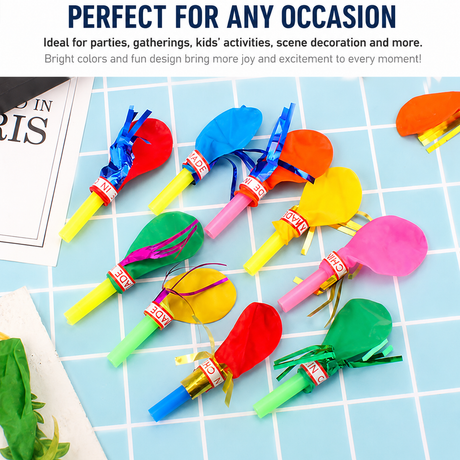 200 Piece Party Whistle and Blowout Set - 100 Whistle Balloons and 100 Party Blowers, Colourful Party Favors for Birthday Parties, Celebrations, Games and Loot Bags