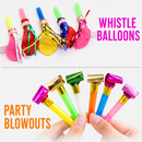 100 Piece Party Whistle and Blowout Set - 50 Whistle Balloons and 50 Party Blowers, Colourful Noise Makers for Birthdays, Celebrations and Party Bags
