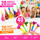 40 Piece Party Whistle and Blowout Set - 20 Whistle Balloons and 20 Party Blowers, Colourful Noise Makers for Birthdays, Celebrations and Party Bags
