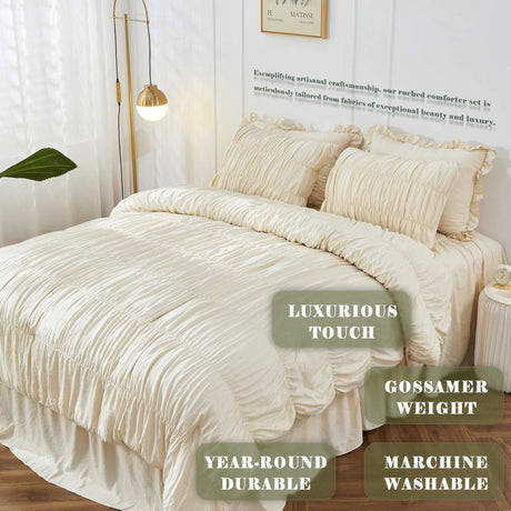 Wrinkle Textured Bedding Set - 3 Piece Quilt Cover and Pillowcase Set - Beige Bohemian Style（Queen）
