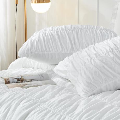 Wrinkle Textured Bedding Set - 3 Piece Quilt Cover and Pillowcase Set - White Bohemian Style（Double）