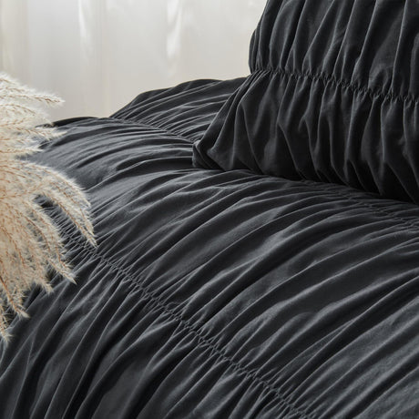 Wrinkle Textured Bedding Set - 3 Piece Quilt Cover and Pillowcase Set - Black Bohemian Style（Queen）
