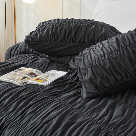 Wrinkle Textured Bedding Set - 3 Piece Quilt Cover and Pillowcase Set - Black Bohemian Style（King）