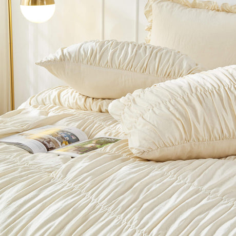 Textured Bohemian Ruffled Quilt Cover Set, Soft Crinkle Bedding Set with 1 Duvet Cover and 1 Pillowcases (Single)