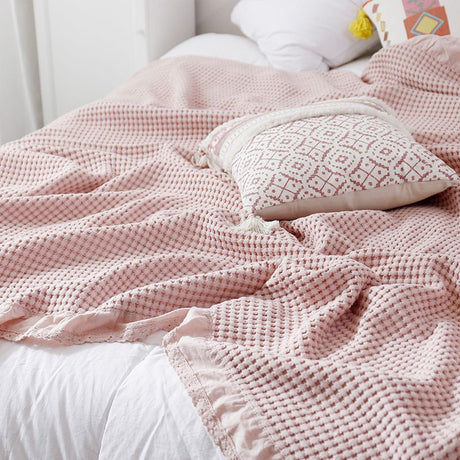 Cotton Waffle Blanket - Pink Textured Throw 150x200cm for Sofa, Office and Travel Use
