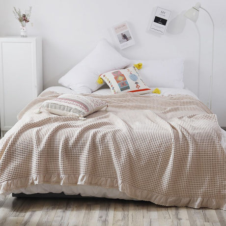 Cotton Waffle Blanket - Beige Textured Throw 200x230cm for Sofa, Office and Travel Use