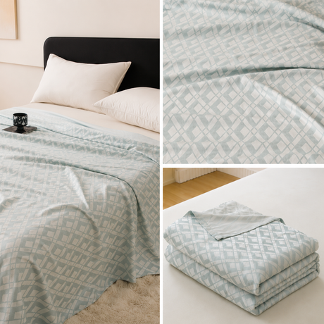 Blue Diamond Pattern Bamboo Fiber Summer Cooling Blanket 150×200cm for Bed Sofa Air Conditioned Room Lightweight Breathable Gauze Coverlet