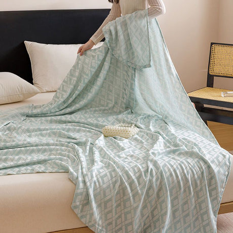 Blue Diamond Pattern Bamboo Fiber Summer Cooling Blanket 200×230cm for Bed Sofa Air Conditioned Room Lightweight Breathable Gauze Coverlet