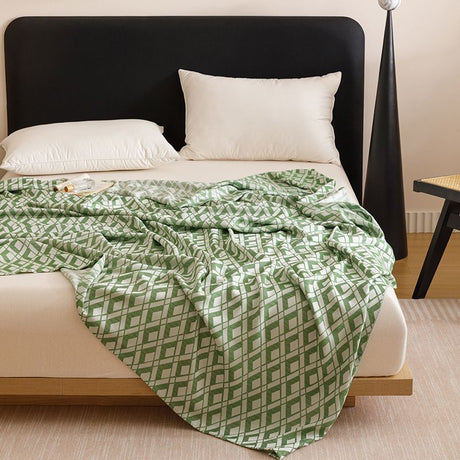 Green Diamond Pattern Bamboo Fiber Summer Cooling Blanket 200×230cm for Bed Sofa Air Conditioned Room Lightweight Breathable Gauze Coverlet