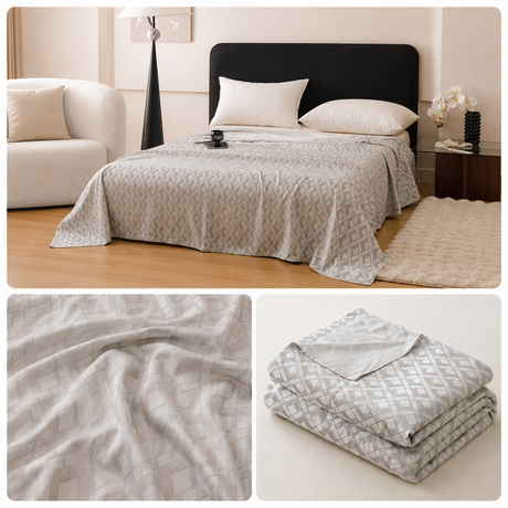 Silver Diamond Pattern Bamboo Fiber Summer Cooling Blanket 200×230cm for Bed Sofa Air Conditioned Room Lightweight Breathable Gauze Coverlet