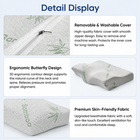 Single Butterfly Memory Foam Pillow - Ergonomic Neck Support Cushion with Removable Bamboo Fibre Cover 62x34x11/8cm for Sleeping