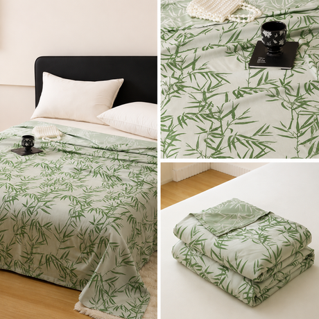 Bamboo Fibre Cooling Blanket Green Bamboo Pattern 200×230cm for Summer Bed and Air Conditioned Rooms