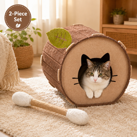 Felt Cat Cave Bed with Catnip Stick Toy 2 Piece Set - Leaf Shaped Cat House Tunnel Bed with Interactive Cat Toy