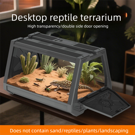 Grey Desktop Reptile Terrarium Enclosure 35X25.5X22cm with Double Door Opening and Ventilation for Small Reptiles, Amphibians and Plants