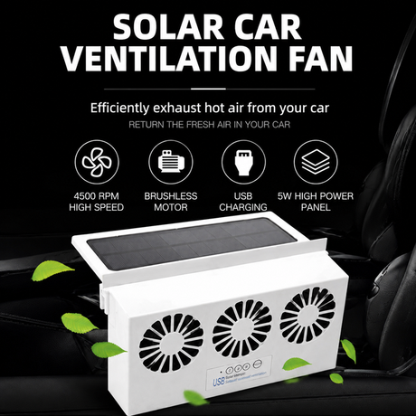 White Solar Rechargable Triple Outlet Car Window Ventilation and Exhaust Fan - 4500 RPM Air Circulation and Foldable Space Saving, Remove Heat Odors Smoke and Stale Air for Most Vehicles without Anti-Pinch Feature