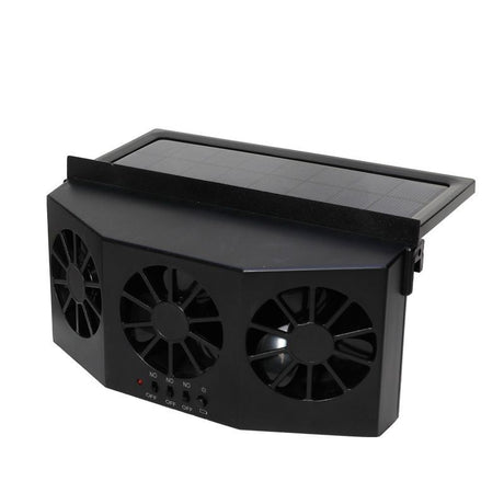Black Triple Outlet Car Window Ventilation and Exhaust Fan - Solar & USB Plug in, 4500 RPM Air Circulation and Foldable Space Saving, Remove Heat Odors Smoke and Stale Air for Most Vehicles without Anti-Pinch Feature