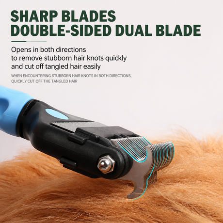 Blue Dual Sided Pet Knot Cutter for Dogs & Cats - 17 / 9 Tooth Undercoat Grooming Rake with Non-Slip TPR Handle, Perfect Long Fur Remove Tangles Mats Knots