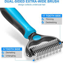 Blue Dual Sided Pet Knot Cutter for Dogs & Cats - 17 / 9 Tooth Undercoat Grooming Rake with Non-Slip TPR Handle, Perfect Long Fur Remove Tangles Mats Knots