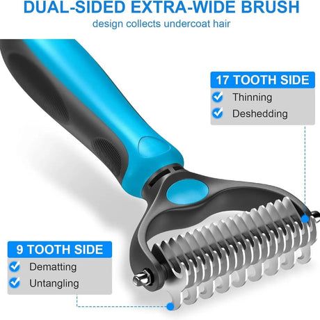 Blue Dual Sided Pet Knot Cutter for Dogs & Cats - 17 / 9 Tooth Undercoat Grooming Rake with Non-Slip TPR Handle, Perfect Long Fur Remove Tangles Mats Knots