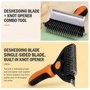2-in-1 Blue Pet Knot Cutter Built in Shedding Comb for Dogs & Cats - Undercoat Grooming Rake with Non-Slip TPR Handle, Perfect Long Fur Remove Tangles Mats Knots