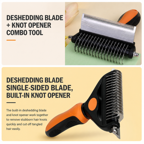 2-in-1 Blue Pet Knot Cutter Built in Shedding Comb for Dogs & Cats - Undercoat Grooming Rake with Non-Slip TPR Handle, Perfect Long Fur Remove Tangles Mats Knots