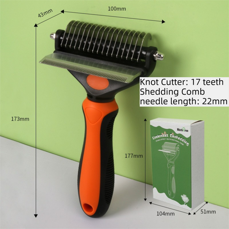 2-in-1 Orange Pet Knot Cutter Built in Shedding Comb for Dogs & Cats - Undercoat Grooming Rake with Non-Slip TPR Handle, Perfect Long Fur Remove Tangles Mats Knots