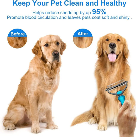 2-in-1 Orange Pet Knot Cutter Built in Shedding Comb for Dogs & Cats - Undercoat Grooming Rake with Non-Slip TPR Handle, Perfect Long Fur Remove Tangles Mats Knots