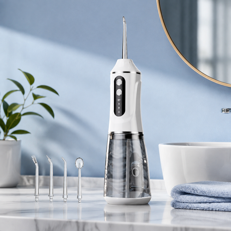 Black Rechargeable Water Flosser Oral Irrigator with 3 Pressure Modes & 4 Nozzles - 380ml Detachable Tank, Type-C Charging, 0.6MM Fine Water Flow and 1600 Pulses Per Minute
