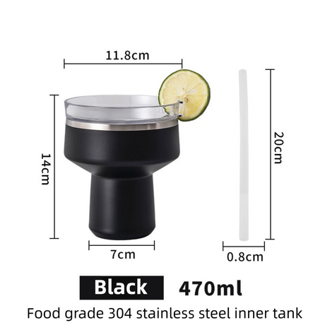 Black 470ML Stainless Steel Martini Tumbler Cup with 360°Salt & Sip Lid, Internal Markers and Straw - Double Wall Vacuum Insulated Drink Cup for Coffee Cocktails Cold Drinks and Outdoor Use
