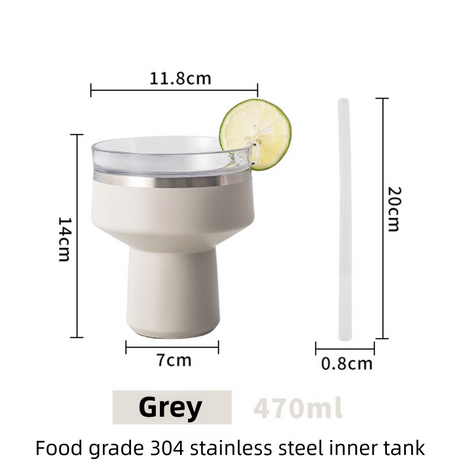Grey 470ML Stainless Steel Martini Tumbler Cup with 360°Salt & Sip Lid, Internal Markers and Straw - Double Wall Vacuum Insulated Drink Cup for Coffee Cocktails Cold Drinks and Outdoor Use