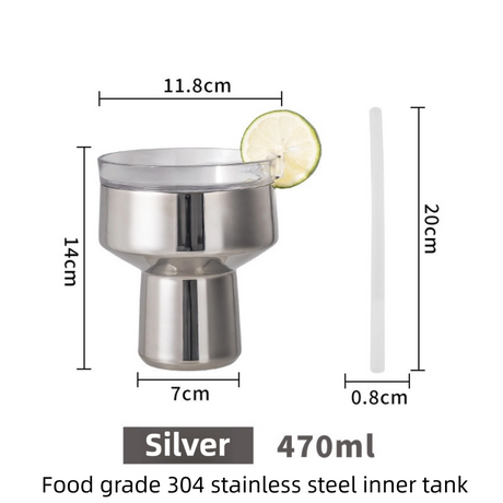 Silver 470ML Stainless Steel Martini Tumbler Cup with 360°Salt & Sip Lid, Internal Markers and Straw - Double Wall Vacuum Insulated Drink Cup for Coffee Cocktails Cold Drinks and Outdoor Use