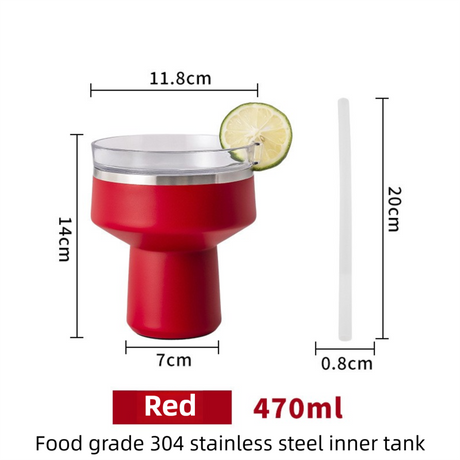 Red 470ML Stainless Steel Martini Tumbler Cup with 360°Salt & Sip Lid, Internal Markers and Straw - Double Wall Vacuum Insulated Drink Cup for Coffee Cocktails Cold Drinks and Outdoor Use
