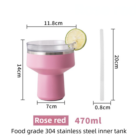 Rose Red 470ML Stainless Steel Martini Tumbler Cup with 360°Salt & Sip Lid, Internal Markers and Straw - Double Wall Vacuum Insulated Drink Cup for Coffee Cocktails Cold Drinks and Outdoor Use