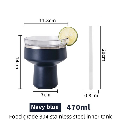 Navy Blue 470ML Stainless Steel Martini Tumbler Cup with 360°Salt & Sip Lid, Internal Markers and Straw - Double Wall Vacuum Insulated Drink Cup for Coffee Cocktails Cold Drinks and Outdoor Use
