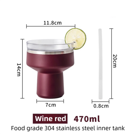 Wine Red 470ML Stainless Steel Martini Tumbler Cup with 360°Salt & Sip Lid, Internal Markers and Straw - Double Wall Vacuum Insulated Drink Cup for Coffee Cocktails Cold Drinks and Outdoor Use