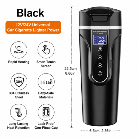 500ML Black Large Stainless Steel Car Electric Heated Travel Mug - 12V & 24V Vehicle Smart Insluted Cup with 100℃ Control, 270° Flip Lid, LCD Touch Display and Leak Resistant Design