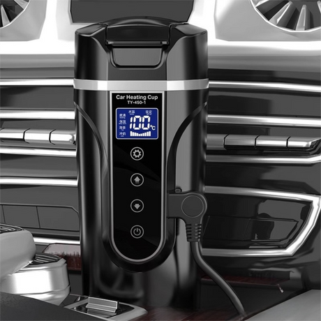 500ML Black Large Stainless Steel Car Electric Heated Travel Mug - 12V & 24V Vehicle Smart Insluted Cup with 100℃ Control, 270° Flip Lid, LCD Touch Display and Leak Resistant Design
