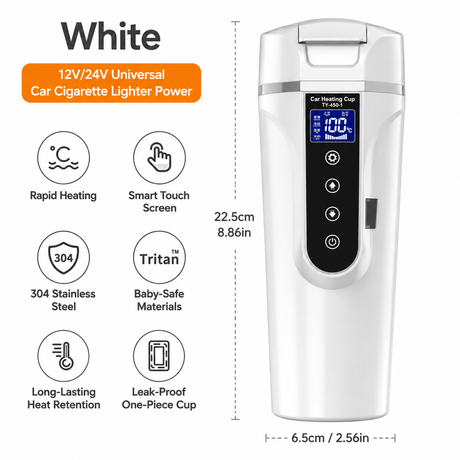500ML White Large Stainless Steel Car Electric Heated Travel Mug - 12V & 24V Vehicle Smart Insluted Cup with 100℃ Control, 270° Flip Lid, LCD Touch Display and Leak Resistant Design
